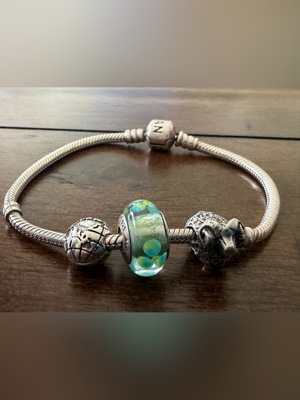 Pandora Jewelry Bracelet 7.5” Green Murano Glass RAM Planet Earth Authentic